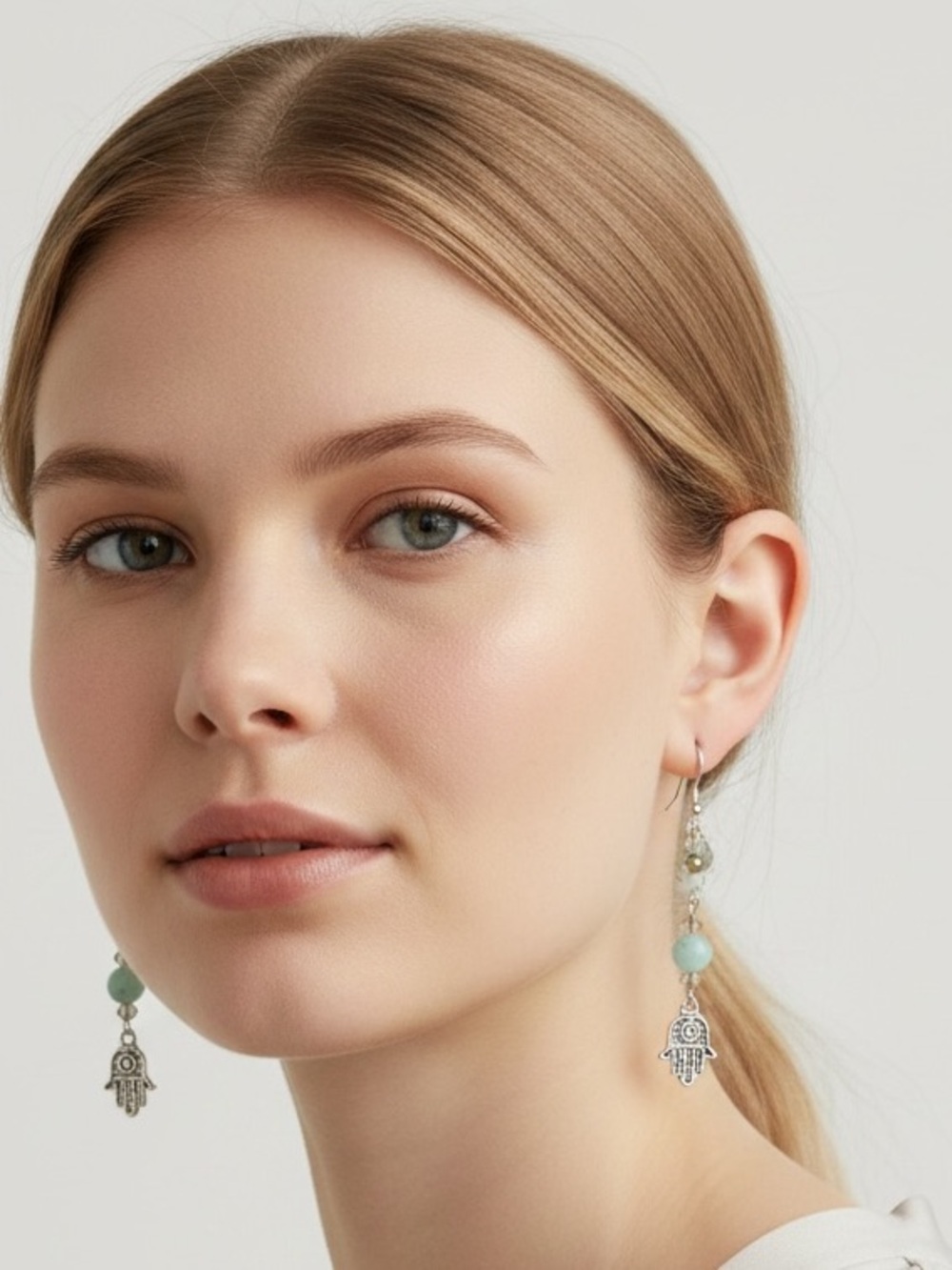 Hand Crafted Aqua Hamsa Dangle Earrings - Women Jewelry